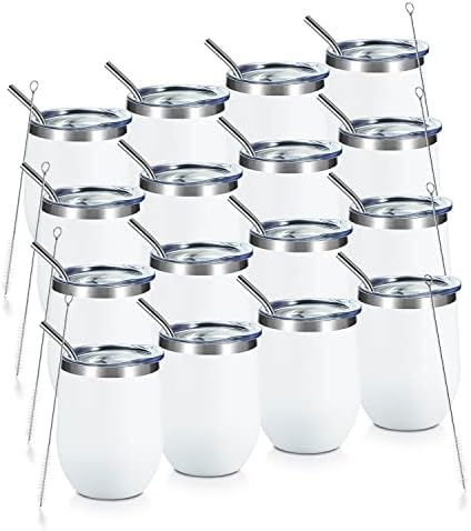 COMOOO 12oz Wine Tumbler with Lid and Straw, Stainless Steel Stemlss Wine Glass, Double Wall Vacuum Insulated Wine Tumbler Cup for Wine, Cocktails, Champaign, White, 16 Pack by COMOOO