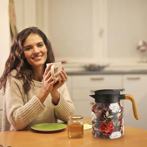 LemonRoad 2 Pcs 35 oz Vintage Floral Pattern Tea Pot with Infuser | Stainless Steel Insulated Tea Pot with Lid and Wooden Handle Thermal Carafe for Hot Drinks Coffee(Red, Blue) - Image 6