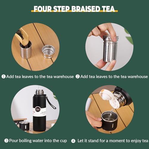 1000ml Double wall vacuum Leakproof stainless steel wide mouth insulated water bottle,tea tumbler with tea strainer infuser basket,cup and lid; travel coffee thermoses hot drinks,cold thermal flask - Image 6