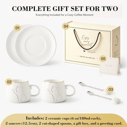 6 oz Ceramic Espresso Cups Set of 2 with Saucers, Cat Coffee Cups with Gold Rim and Gift Box for Cappuccino and Coffee, White - Image 3