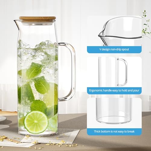 3 Sets Glass Pitcher with Lid, 50 oz / 1500 ml Water Carafe with Handles Hot Cold Beverage Water Jar Glass Jug (Bamboo lid) - Image 3