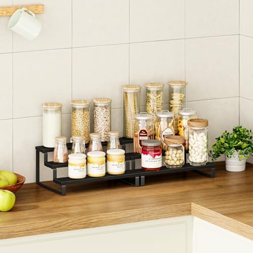 Giikin 3 Tier Spice Rack, Set of 2 Wooden Spice Rack for Countertop, Cabinet Organizer Shelf Kitchen Counter Storage Shelves Cupcake Stand Holder Display Stand, Black - Image 2