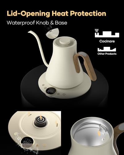 Cocinare Barista Collection Gooseneck Electric Kettle, ±1℉ Precise Temperature Control for Pour-Over Coffee & Tea, Quick Heating 1500W, Stainless Steel Interior, 0.9L (Morandi White) - Image 7