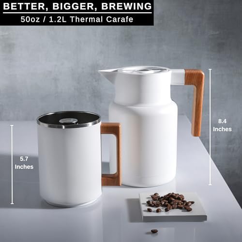 HASTINGS 50 Oz Pour Over Coffee Maker Set with Double Layer Reusable Stainless Steel Filter 8-Cup and Wood Handle - Dual Wall Heat Resistant Drip Coffee Brewer, Pour Over Coffee Dripper Carafe, White - Image 4