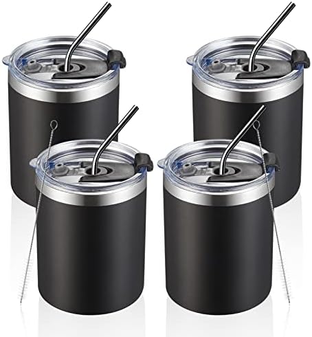 MEWAY 12 oz Lowball, Tumbler Stainless Steel Double Wall Vacuum Insulated Mug with Straw and Lid, Cleaning Brush ，Durable Powder Coated Insulated Coffee Cup for Cold & Hot Drinks (Black,4 pack) by MEWAY