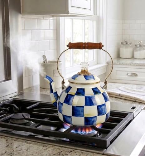 Checkered Tea Kettle for Checkered Kitchen Decor - Blue and White Tea Kettle for Stovetop - Stylish Enamel Teapot with Wooden Handle - Vintage Classic Teapot with Elegant Lid & Knob- 2.5 Quart - Image 2