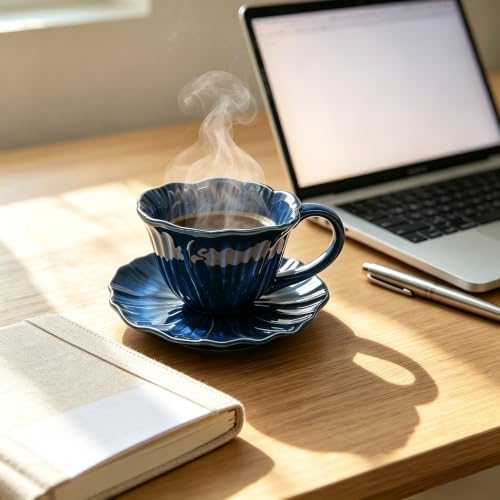 KOOV Latte Cup and Saucer Set of 4, Vintage Hand-Painted 10 oz Ceramic Cappuccino Cups, Reactive Glazed Latte Art Cup and Saucer For Latte, Espresso, Tea, Pansy Series (Nebule Blue) - Image 7