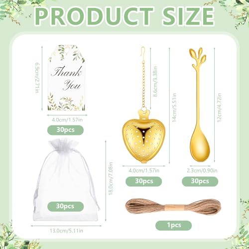 30 Sets Bridal Shower Tea Party Favor for Guests Leaf Tea Spoon Heart Tea Infuser for Loose Leaf Tea Steeper with Thank You Card Organza Bags for Wedding Gift Souvenirs Decoration (30, Gold) - Image 2