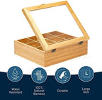 Natural Bamboo Tea Storage Organizer, Clear Acrylic Top, 12 Compartments - Image 2
