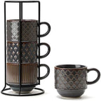 JIEMEI HOME Large Ceramic Coffee Mug Set of 4 with Stand, 15 Oz Stackable Embossment Ribbed Latte Cup Set for Cappuccino, Latte, Tea, Hot Cocoa, Drinks - Dishwasher & Microwave Safe, Dark Purple by JHJIEMEIHOME