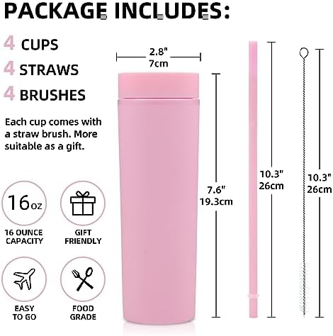 Volhoply 16oz Plastic Skinny Tumbler with Lid and Straw Bulk 8 Pack,Insulated Double Wall BPA Free Matte Acrylic Tumblers,Iced Coffee Travel Mug Reusable Party Cup,Customizable Diy Gifts(Pink,8 Set) - Image 2