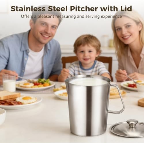 Stainless Steel Pitcher with Lid, 2 L/70 oz Measuring Cup with Dual-Scale Markings, Milk Frothing Jug, Large Beaker for Espresso Machine, Hot/Cold Water, Latte Art, Iced Tea, Coffee Drinks - Image 2