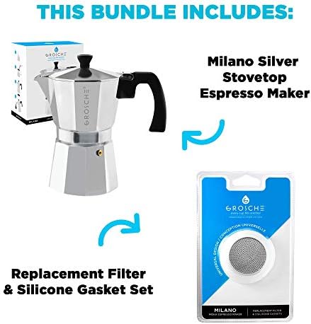 GROSCHE Milano Stovetop Espresso Maker Moka pot 9 espresso Cup - 15.2 oz Silver and 3 Replacement Seals Gaskets Bundle Stove top coffee maker Moka Italian espresso coffee maker and replacement gaskets - Image 2