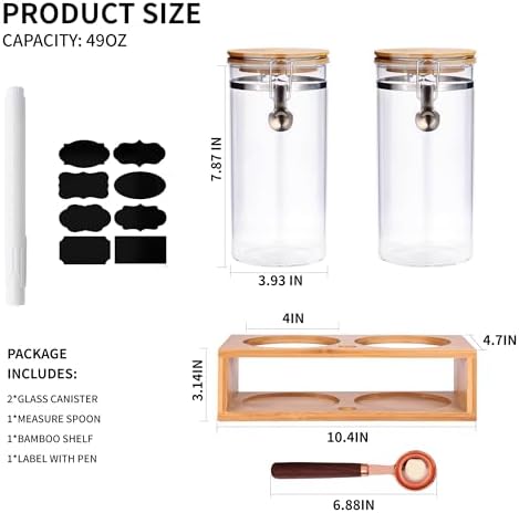 Glass Coffee Storage Container with Bamboo Shelf, 2PCS 49oz Airtight Sealed Coffee Bean Jar with Clamp Lid & Measuring Spoon, Kitchen Pantry Canister Set for Ground Coffee Sugar Tea Flour - Image 2