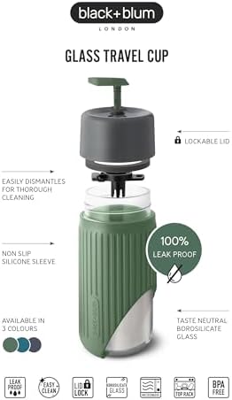 BLACK + BLUM Glass Travel Cup | Durable, Lightweight On-the-Go Tumbler, Lid Lock, Leak-proof - Perfect for Hot & Cold Drinks | Fits in Bike Bottle Cages & Car Cup Holders | Ocean, 11 oz / 340ml - Image 2