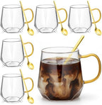 Layhit 6 Sets Glass Coffee Mugs with Handle Spoon 12 oz Clear Coffee Mugs Diamond Shaped Tea Cups Glasses for Milk, Latte, Cappuccino, Espresso, Cold or Hot Drinks by ShungLan