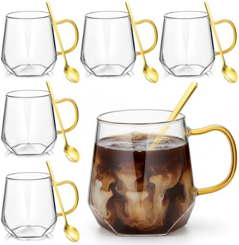 Layhit 6 Sets Glass Coffee Mugs with Handle Spoon 12 oz Clear Coffee Mugs Diamond Shaped Tea Cups Glasses for Milk, Latte, Cappuccino, Espresso, Cold or Hot Drinks by ShungLan