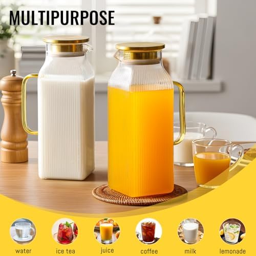 4 Pack 2 Liter/68 oz Square Glass Pitcher with Lid, Classic Stripes Water Pitchers with Handle for Fridge, Large Jug for Iced Tea, Coffee, Borosilicate Glass Carafe for Hot/Cold Brew Drink, Gold - Image 3
