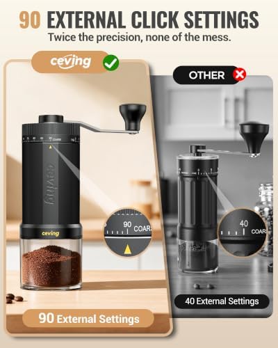 CEVING Manual Coffee Grinder with 90 External Settings, 60g Capacity, Black - Image 2