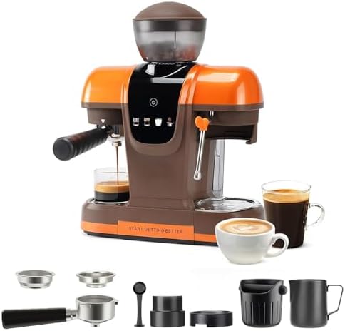 RECAFIMIL Semi-Automatic Espresso Machine with Grinder, 20 Bar Professional Coffee Maker with Milk Frother, Latte & Cappuccino, Compact for Home Use, Orange by RECAFIMIL
