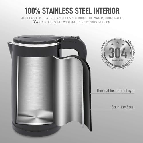 COOKTRON 1.7L Quiet Electric Kettle, Double Wall Hot Water Boiler BPA-Free Cool Touch Tea Kettle, Cordless with Auto Shut-Off & Boil Dry Protection, 1500W Fast Boiling, Black - Image 3