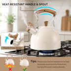 Tea Kettle for Stove Top, 3.2 Quart / 3 Liter Whistling Tea Kettle, Stainless Steel Tea Pot with Wood Pattern Folding Handle, Beige - Image 3