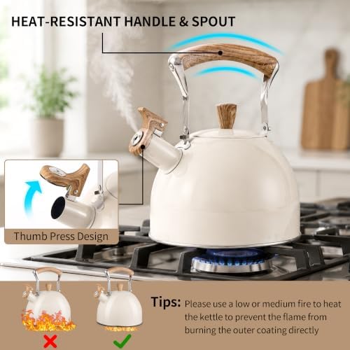 Tea Kettle for Stove Top, 3.2 Quart / 3 Liter Whistling Tea Kettle, Stainless Steel Tea Pot with Wood Pattern Folding Handle, Beige - Image 3
