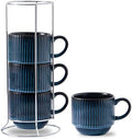 HASENSE 15 Oz Ribbed Stackable Coffee Mug Set of 4, Ceramic Latte Cups with Metal Stand, Dishwasher & Microwave Safe, Navy Blue for Cappuccino Tea Hot Cocoa by Hasense