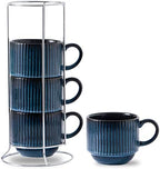 HASENSE 15 Oz Ribbed Stackable Coffee Mug Set of 4, Ceramic Latte Cups with Metal Stand, Dishwasher & Microwave Safe, Navy Blue for Cappuccino Tea Hot Cocoa by Hasense