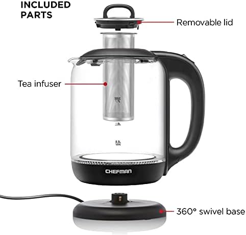 Chefman 1.7 Liter Electric Kettle With Tea Infuser, Cordless With Removable Lid And 360 Swivel Base, LED Indicator Lights, Black - Image 2