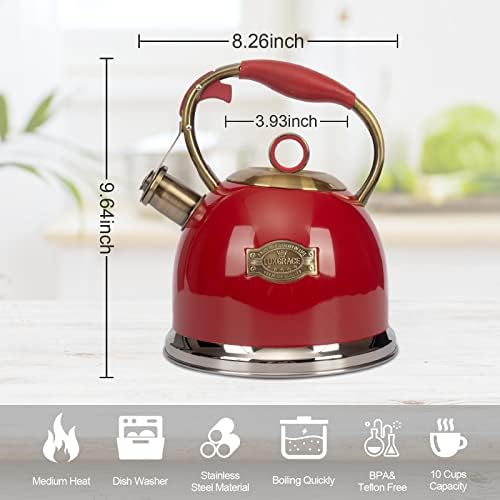 Tea Kettle, Stovetop Whistling Teapot, Stainless Steel, Red, 3.0-Quart - Image 6