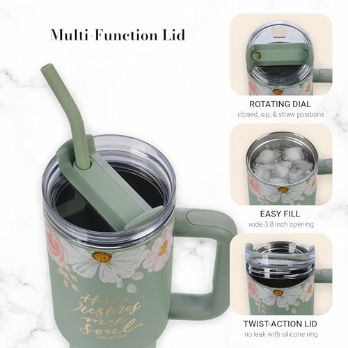 Christian Art Gifts Inspirational Stainless Steel Double-Wall Insulated XL Travel Mug Tumbler Thermos for Women: He Restores My Soul Scripture, Reusable Straw, Twist Lid, Light Green Floral, 40 oz. - Image 4