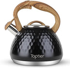 Tea Kettle, Toptier Teapot Whistling Kettle with Wood Pattern Handle Loud Whistle, Food Grade Stainless Steel Tea Pot for Stovetops Induction Diamond Design Water Kettle, 2.7-Quart Black by toptier