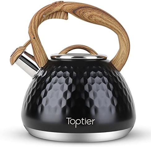 Tea Kettle, Toptier Teapot Whistling Kettle with Wood Pattern Handle Loud Whistle, Food Grade Stainless Steel Tea Pot for Stovetops Induction Diamond Design Water Kettle, 2.7-Quart Black by toptier