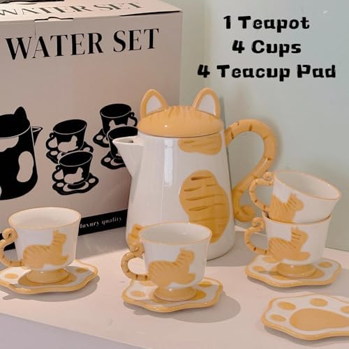 Ceramic Cat Tea Set,Cute Cat Paw Tea Mugs And Saucers Set Of 4,Perfect Cat Themed Gifts,Lovely Cat Decor,Tea Sets for Adults,Excellent Gift Idea For Cat Lovers (Orange, 4) - Image 3