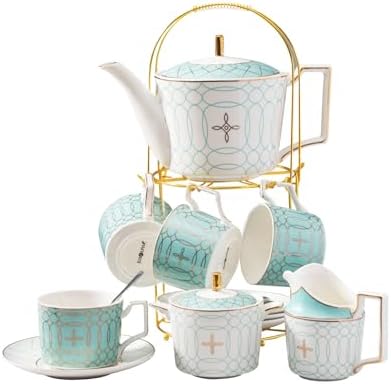 Serve of 4-Blue Teacup Set, with Teapot-Sugar Bowl-Creamer and Holder by Jusalpha