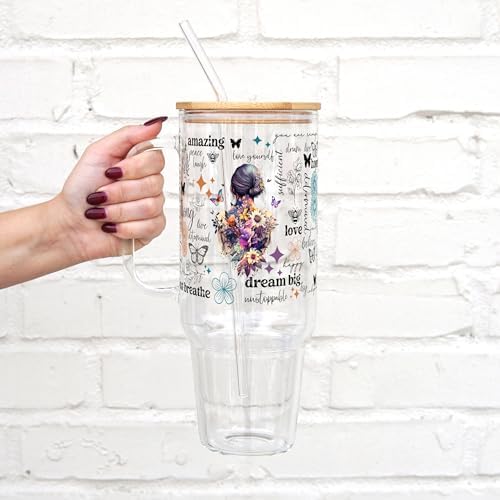 Sip-Sip Hooray! Floral Affirmations 40oz Glass Tumbler with Lid and Straw - Image 2
