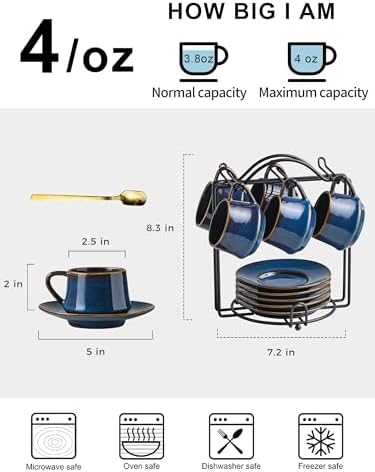 YHOSSEUN Espresso Cups Set of 6, 4 OZ Expresso Shots Cup with Sacuer, Blue - Image 6