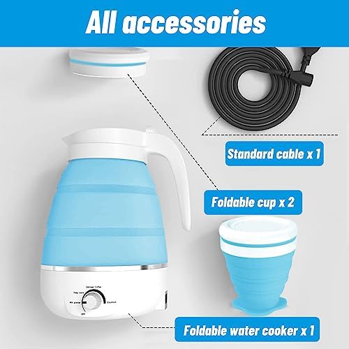 Qivine 600ML Travel Foldable Electric Kettle, Silicone Collapsible Travel Kettle, Foldable Electric Travels Tea Kettles with 2 Cups Separable Power Cord for Fast Water Boiling Coffee (Blue) - Image 6
