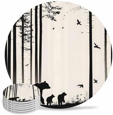Coasters for Drinks Set of 6 Abstract Forest Walking Bear Bird Silhouette Natural Scenery Ceramic Cup Mat, Absorbent Ceramic Stone Coasters with Cork Base for Coffee Cups Table Home Decor 4 Inch by Daleng