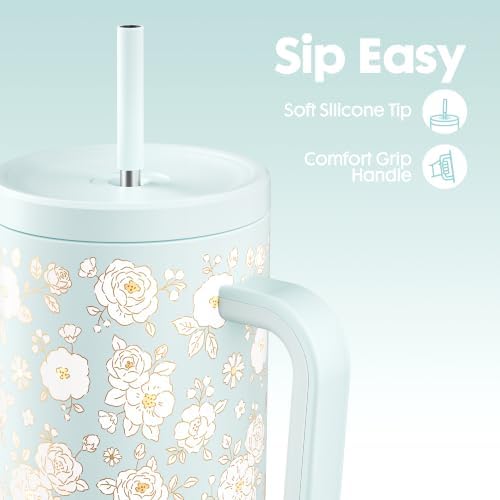 Meoky UV Color-Changing Tumbler: 40 oz Tumbler with Handle and Straw- Stainless Steel Insulated Tumbler for Car Cup Holders - Travelers Commuters Workers (1 Pack, Camellia) - Image 5