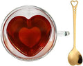 Heart Shaped Cup - Double Walled Insulated Glass Coffee Mug or Tea Cup - Double Wall Glass 8oz (240ml) - Clear - Unique & Insulated with Handle - With Teaspoon by Lucy+Sui