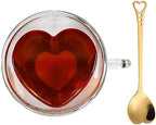 Heart Shaped Cup - Double Walled Insulated Glass Coffee Mug or Tea Cup - Double Wall Glass 8oz (240ml) - Clear - Unique & Insulated with Handle - With Teaspoon by Lucy+Sui