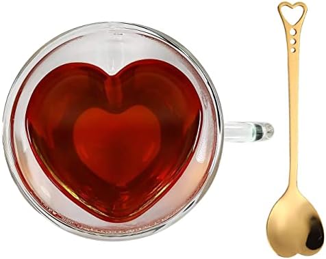 Heart Shaped Cup - Double Walled Insulated Glass Coffee Mug or Tea Cup - Double Wall Glass 8oz (240ml) - Clear - Unique & Insulated with Handle - With Teaspoon by Lucy+Sui