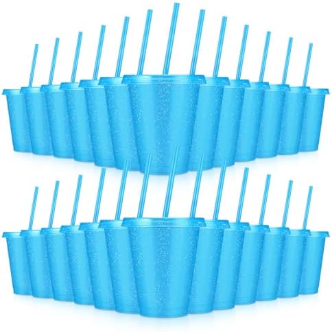 24 Pcs Plastic Tumblers with Lids and Straws, Reusable Cups with Lids Plastic Colorful Cups for Party Birthday, Iced Coffee Cup Travel Mug Cold Drink Tumblers Bulk (16 oz, Blue) by LEIFEOSH