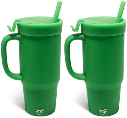 Silipint 32oz Silicone Humbler Tumbler with Handle, Flip Lid and Straw – BPA-Free, Non-Toxic, Unbreakable, Microwave, Dishwasher Safe – Perfect for Tea, Cold Water, Classic Green - Pack of 2 by Silipint