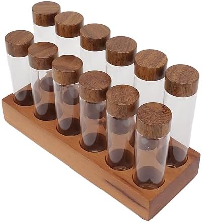 Fydun Clear Glass Coffee Bean Storage Jar, Tubes with Walnut Wood Stand Lid Coffee Bean Storage Tube Cellars Single Dose Container for Kitchen Row 6 Holes Jars & Canisters One of (#12) - Image 3