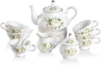 Sweejar Porcelain Tea Set Vintage Floral, British Relief Gold Rim Teapot Cup and Saucer Sets, 22-Piece Tea Sets for Adults, with Teapot, Sugar Bowl, Milk Jug, Spoons, Cup and Saucer (Camellia) by Sweejarco1949