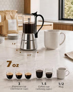 3 Cup Glass Moka Pot 7 oz, Stovetop Espresso Maker, Visible Borosilicate Glass Top & Stainless Steel, Secure Handle, Induction Gas Electric, Portable - Image 2