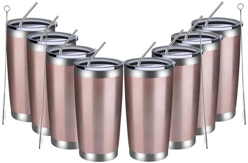 MEWAY 20oz Tumbler 8 Pack Double Wall Vacuum Insulated Travel Mug Bulk, Stainless Steel Tumblers with Lid and Straw, Durable Powder Coated Coffee Cups for Cold & Hot Drinks (Rose Gold, 8) by MEWAY